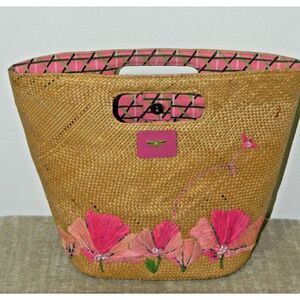 Buzz Jane Fox Purse Woven Straw Brown Pink Flower Beaded Fully Lined